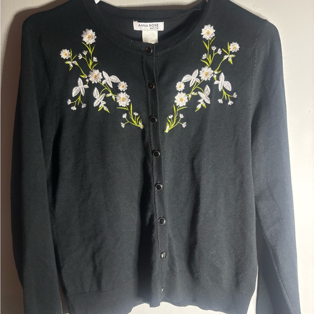 Anna Rose Black Floral Embroidered Cardigan Sweater